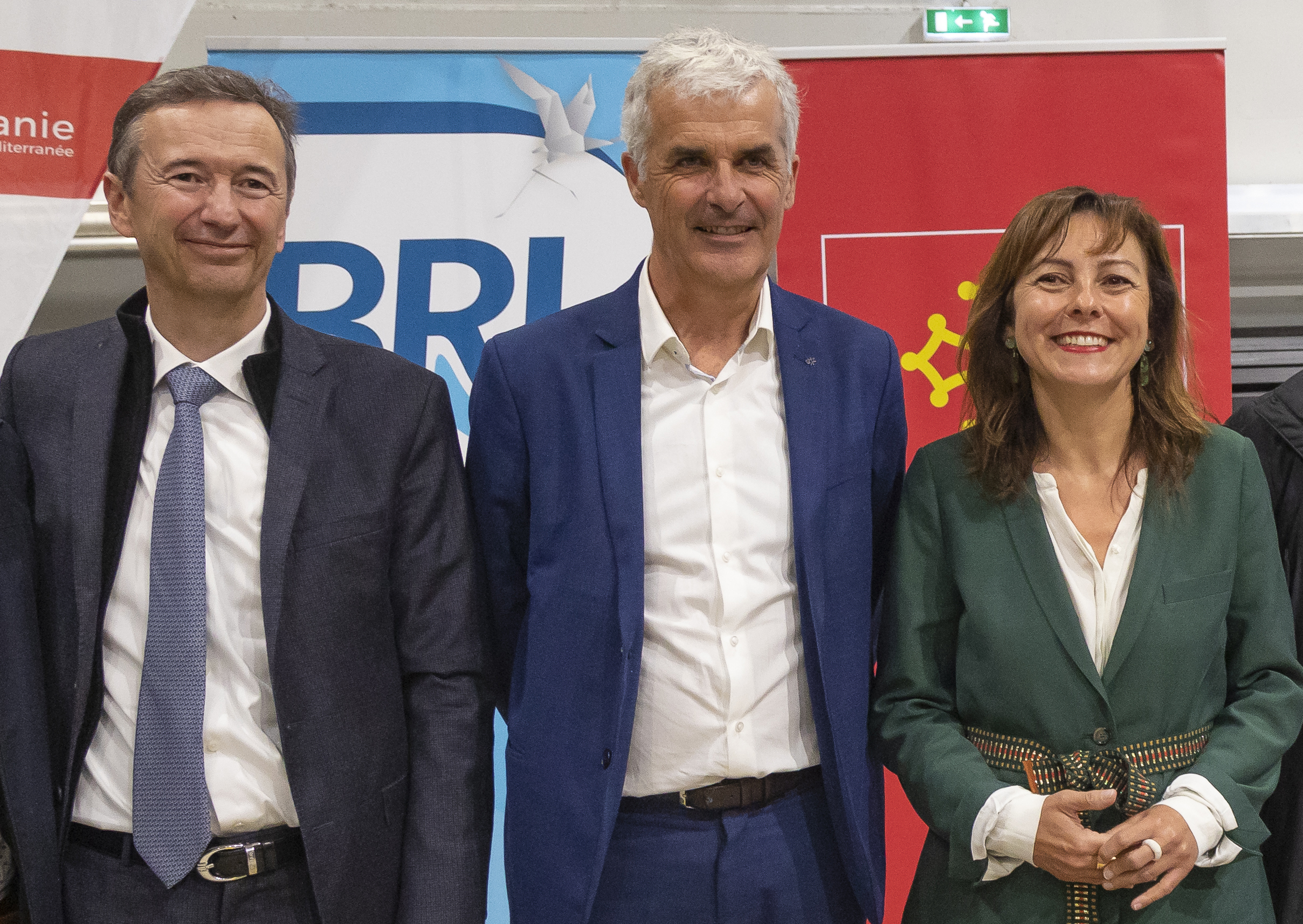 Jean-François Blanchet et Fabrice Verdier (directeur général et président du groupe BRL) en compagnie de la présidente de la Région Occitanie Carole Delga. (Photo : DroneStudio)