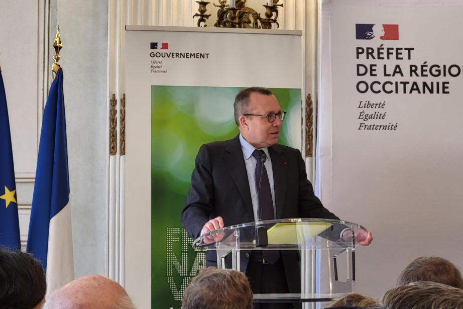 Le préfet d'Occitanie Pierre-André Durand lors de la présentation des 13 premiers lauréats du Fonds vert, le 15 mai 2023. (Photo : Anthony Assémat - Entreprises Occitanie)