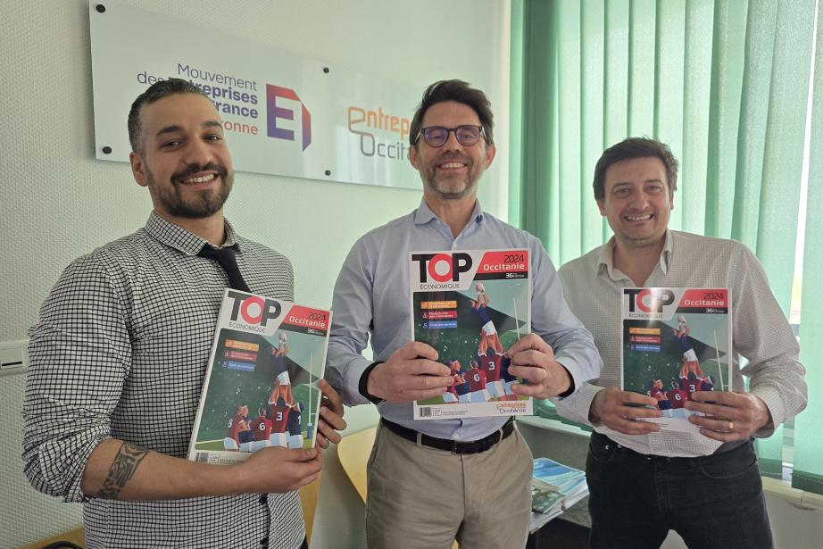 C'est parti pour un nouveau Top Eco ! De gauche à droite, Dorian Alinaghi (journaliste à Entreprises Occitanie), Pierre-Olivier Nau (président du Medef de Haute-Garonne) et Anthony Assémat (rédacteur en chef d'Entreprises Occitanie et du Top Eco). (Photo : Morgane Sattin - Medef de Haute-Garonne)