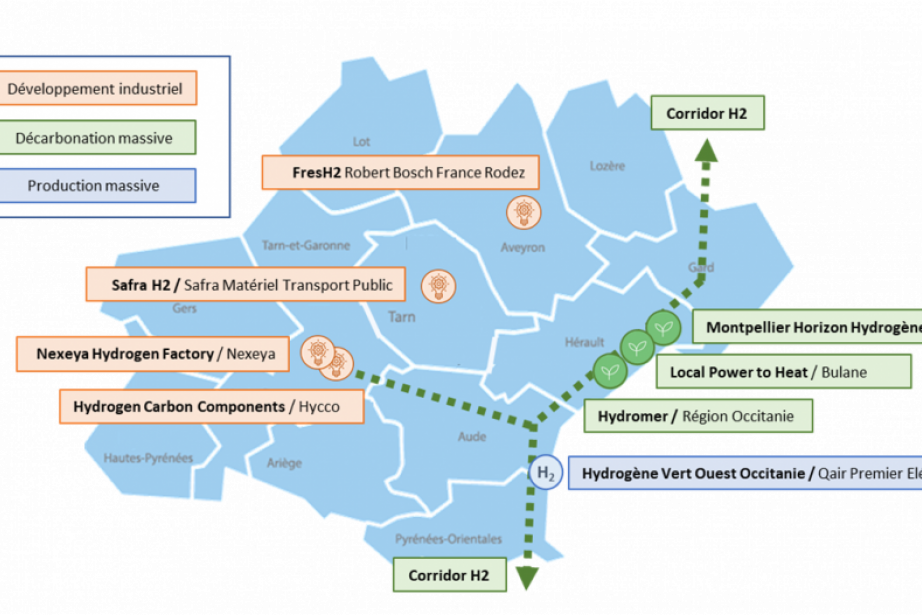 Cartographie des projets candidats en Occitanie à l’Appel à manifestation d’intérêt pour des projets hydrogène d’envergure retenus par le Secrétariat général pour l’investissement.