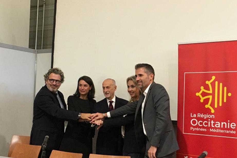 Rudy Secco (M Capital Partners), Corinne d’Agrain (Irdi Soridec), Pier Luigi Gilibert, (FEI), Nadia Pellefigue (Région Occitanie), Stéphane Marcel (Créalia) signent les nouveaux accords Foster. Rudy Secco (M Capital Partners), Corinne d’Agrain (Irdi Soridec), Pier Luigi Gilibert, (FEI), Nadia Pellefigue (Région Occitanie), Stéphane Marcel (Créalia) signent les nouveaux accords Foster.