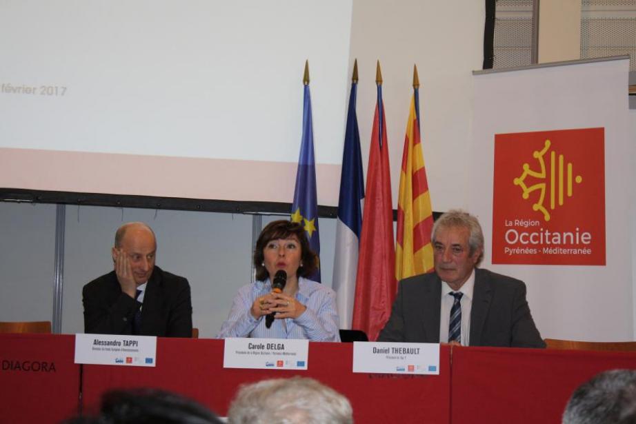 Alessandro Tappi, directeur au Fonds européen d'investissement (FEI), Carole Delga, pdt de la région Occitanie, Daniel Thébault, président de TOP 7, organisateur du salon de l'Entreprise Alessandro Tappi, directeur au Fonds européen d'investissement (FEI), Carole Delga, pdt de la région Occitanie, Daniel Thébault, président de TOP 7, organisateur du salon de l'Entreprise