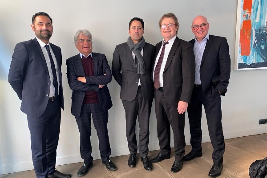 De gauche à droite : Nicolas Leonel, DG Mazars Montpellier, Alain Camoin (fondateur de Camoin-Perez Associés), Eric Gonzalez (DG de Mazars Toulouse), Erik Flamant (président de Mazars Occitanie), Michel Dehors (fondateur d'Audit Sud Conseil)