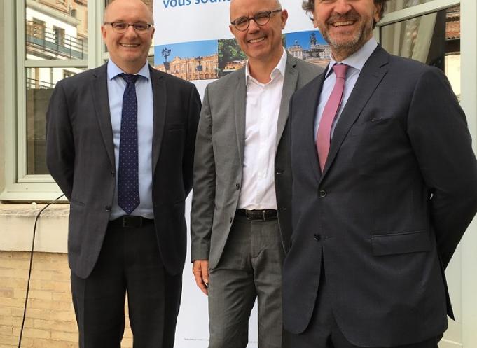 Pascal Luquet, avocat, associé, Grant Thornton société d’avocats, Frédéric Duhen, spécialiste du commerce extérieur, Banque Courtois, Arnauld de Gasquet associé, directeur du bureau de Toulouse, Grant Thornton.