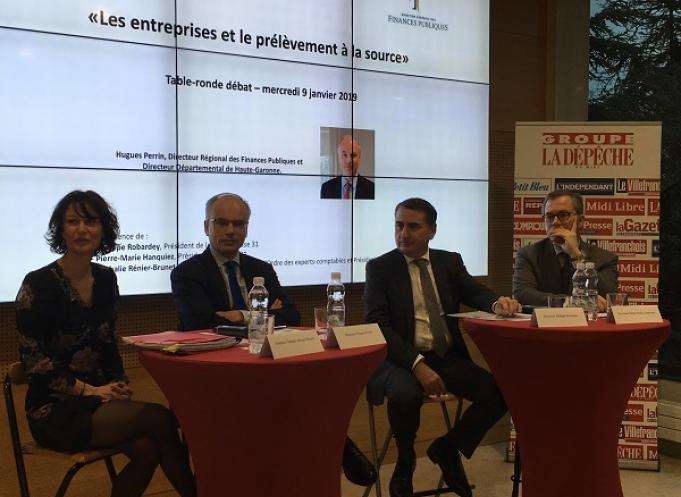 Nathalie Rénier-Brunet, présidente de la commission fiscalité  au Conseil régional de l’Ordre des experts-comptables, Hughes Perrin, directeur régional des finances publiques et directeur départemental de Haute-Garonne, Philippe Robardey, président de la CCI de Toulouse,  Pierre-Marie Hanquiez  président de Medef31